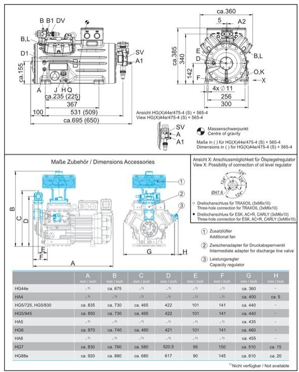 Чертёж с размерами, вид с размерами и подключениями компрессора BOCK HG 44e/475-4 S